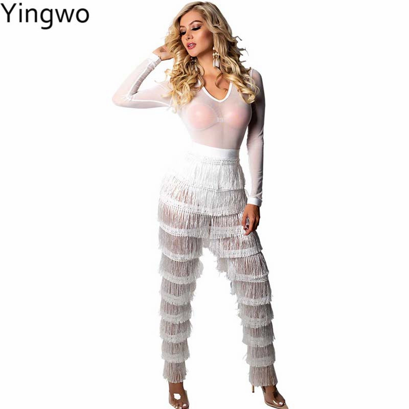 

White Sheer Mesh Top Fringe Jumpsuit Hot Sexy Woman Night Out Club Wear See Through Multi Tassel Layer Skinny Jumpsuit Online