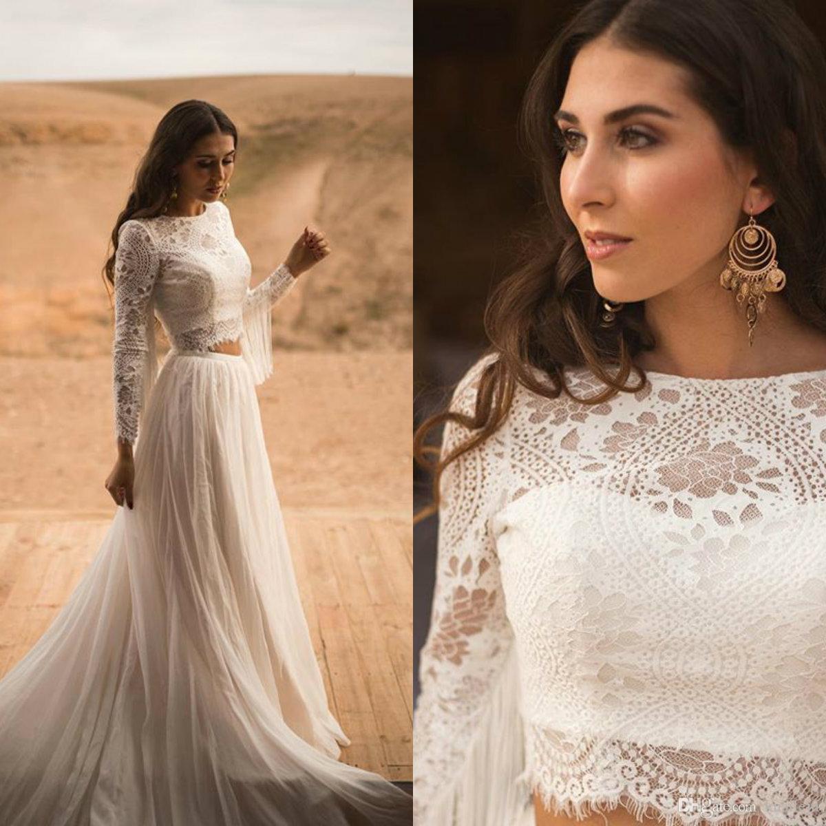 

2020 Bohemian New Arrival Long Sleeve Two Pieces Wedding Dresses Lace Tulle Appliques Jewel Neck Bridal Gowns Button Tassel Wedding Gowns, Light yellow