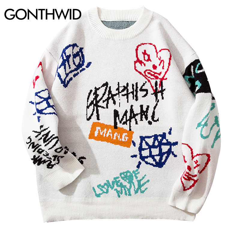 

GONTHWID Hip Hop Knitted Graffiti Pullover Sweaters Men 2019 Fashion Hipster Casual Sweater Streetwear Jumper Tops Outwear Male T191202, Black