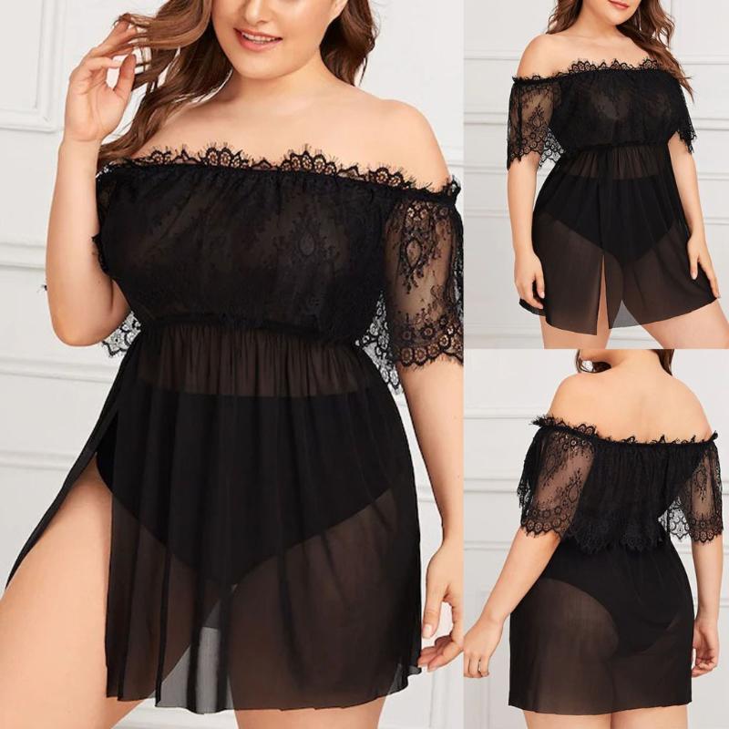 

Pajamas for Women Sexy Sleepwear Fashion Women Plus Size Lace Sheer Mesh Lingerie Off-Shoulder Nightdress 1XL-4XL Pijama Mujer, Black