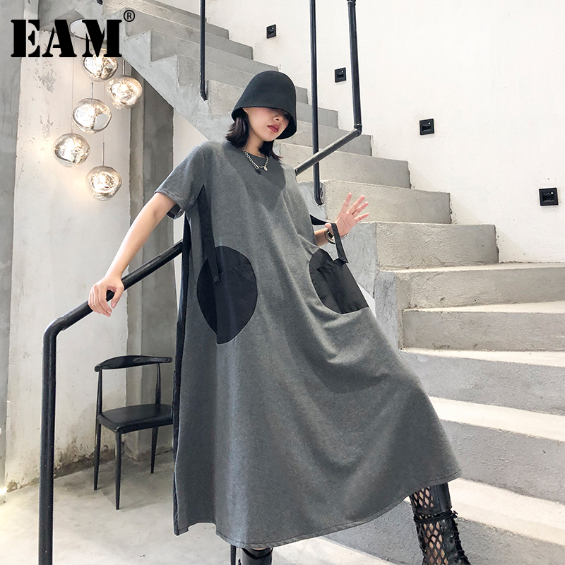 [EAM] Women Dot Pinrted Back Pleated Big Size Dress New Round Neck Short Sleeve Loose Fit Fashion Tide Spring Summer 2020 1T459
