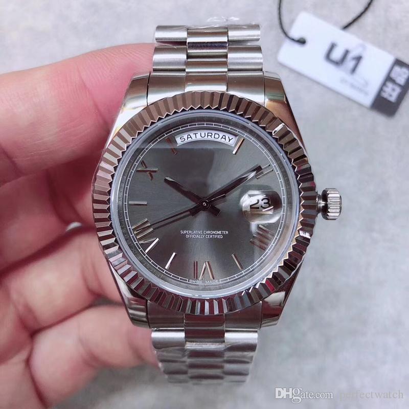 Wholesale New Mens Watch DAY DATE Gray Rome Number Face Big Date Automatic Mechanics Watch Men Sapphire Glass Stainless Steel mens watch-image-457800580