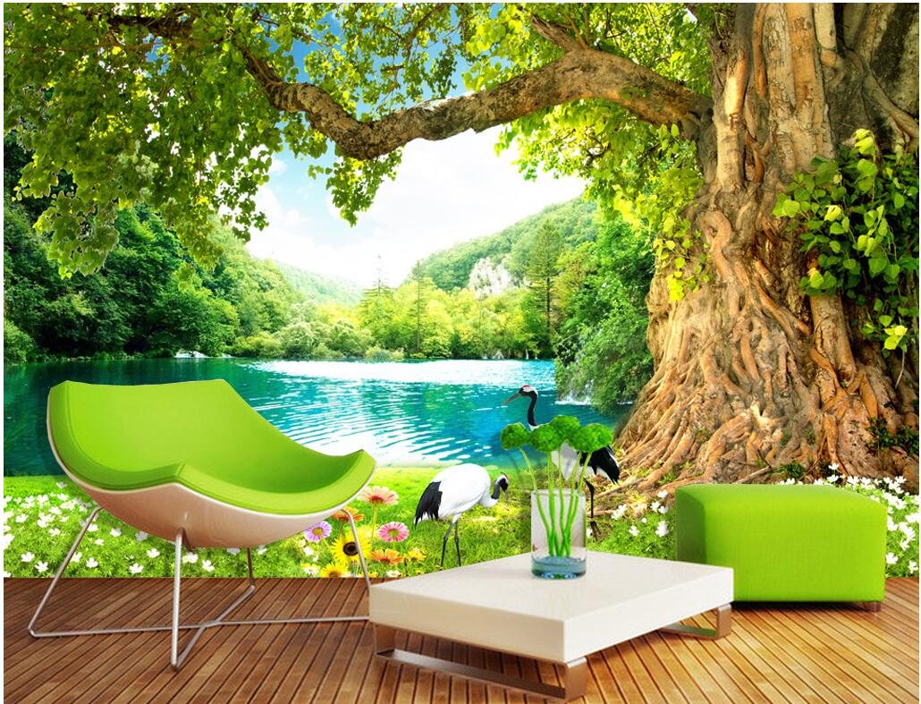 

WDBH 3d wallpaper custom photo Fresh tree crane lake tv background painting living room home decor 3d wall murals wallpaper for walls 3 d, Non-woven