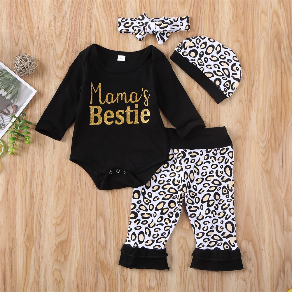

Newborn Infant Baby Girl Clothes Sets 0-18M Letter Print Long Sleeve Jumpsuit Romper Leopard Pants Headband Hats Outfit, Customize