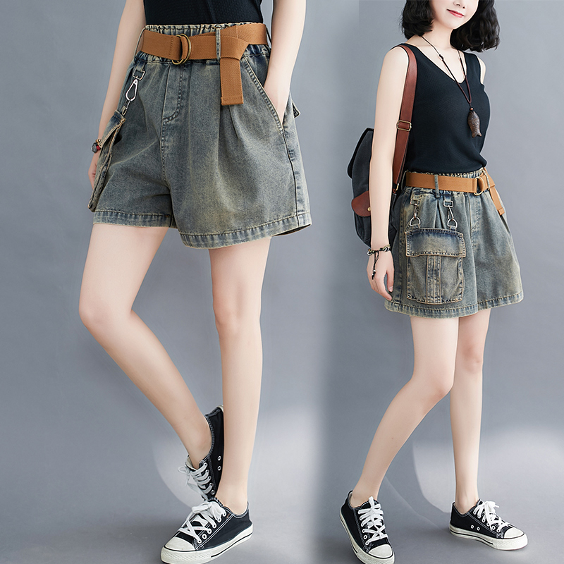 

Women Denim Shorts Summer Fashion Elastic Waist With Belt Pockets A-line Wide Leg Office Lady Casual Loose Oversized Jean Shorts, Black