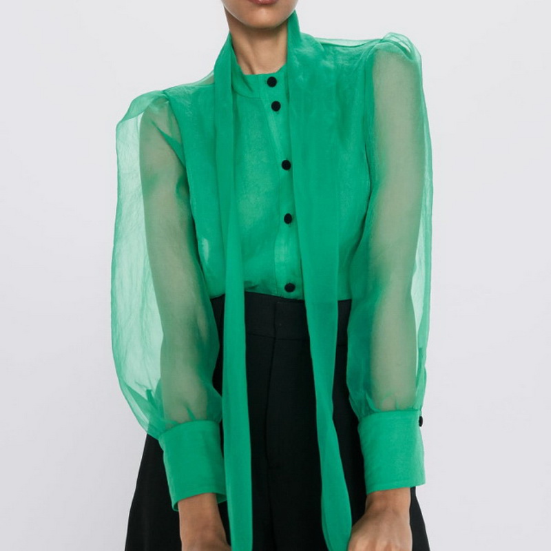 

Women's Blouses & Shirts 2021 ORGANZA BLOUSE WITH BOW DETAIL Semi-sheer A Tied High Neck And Long Sleeves., Green
