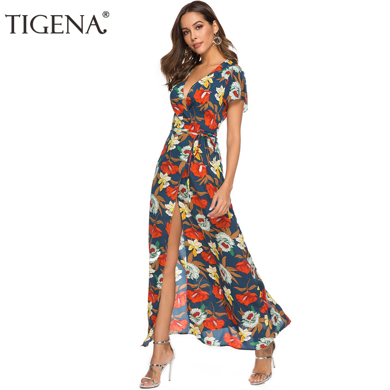 

TIGENA Bohemian Floral Chiffon Summer Dress Women 2019 Boho Long Maxi Beach Dress Ladies Split Tunic Sexy Wrap with Belt, Gray