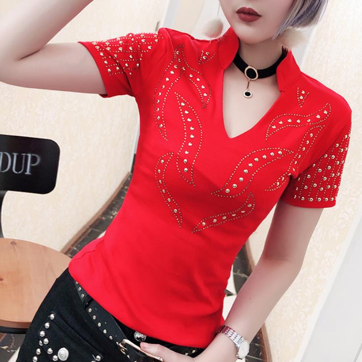 

Plus size 3XL!2019 summer new fashion v-neck t-shirt women hot drilling short sleeve cotton tops tees, Black