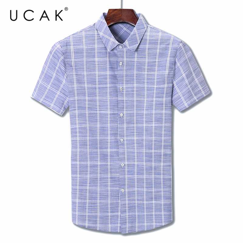 

UCAK Brand Turn-dwon Collar Shirt Clothing Streetwear Tops 2020 New Summer Arrival Plaid Short Sleeve Shirts Men Clothes U6054, Blue