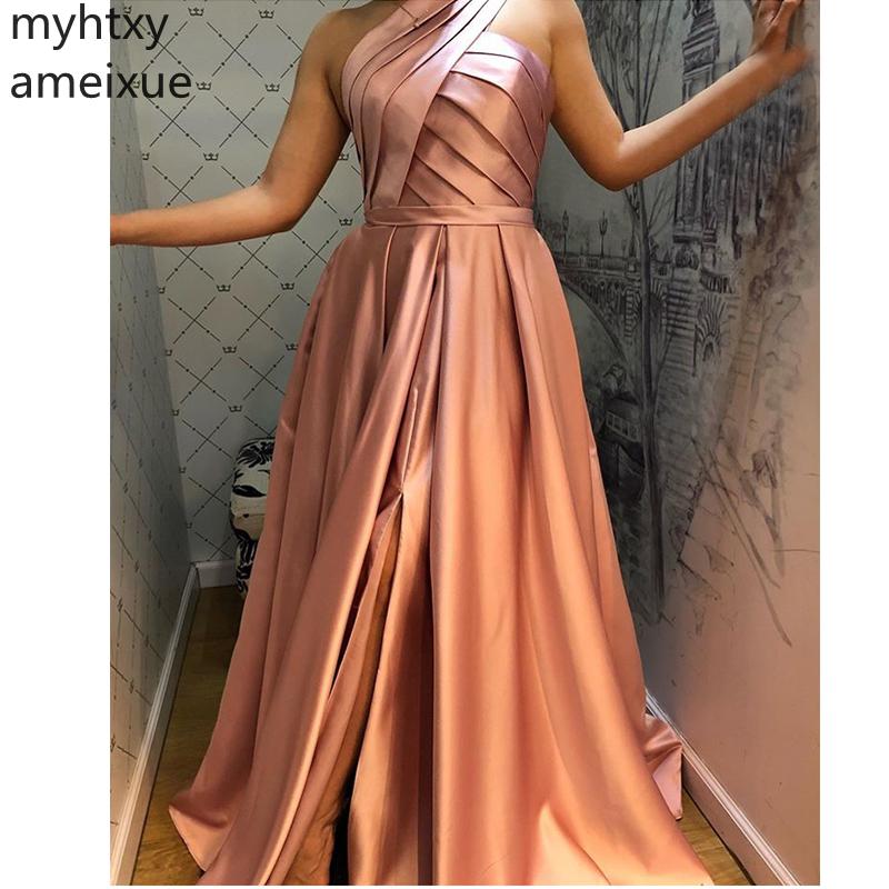 

Custom Event One Shoulder Long Prom Dress With Pockets Front Split A-line Pleats Rose Pink Dark Green Satin Formal Party Gowns, Black
