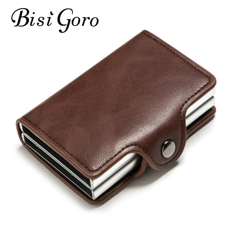 

BISI GORO Double Boxes Card Holder Black Metal Anti Credit id Card Holder Men Women Business Cash Pocket Case, Ym0011 red