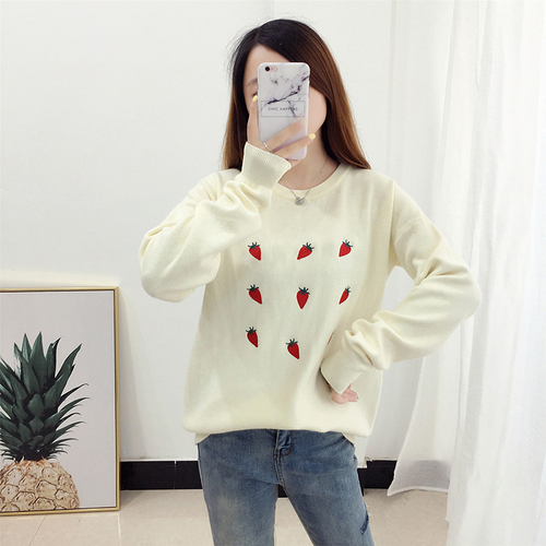 

4 Color Autumn New Long-sleeve Knit Pullover Women Sweater Harajuku Cute Strawberry Embroidery Sweaters Top Overalls Jumper, Beige