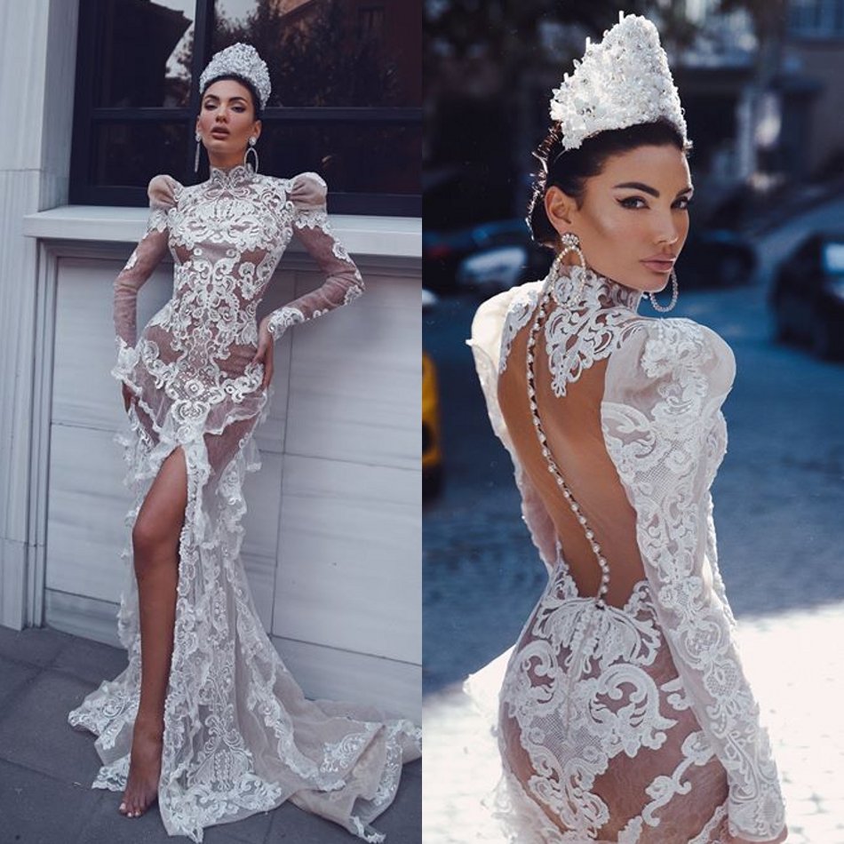 

Front Split Mermaid Plus Size Wedding Dresses High Neck Appliques Lace Bridal Gowns Sweep Train Robes De Mariée, White