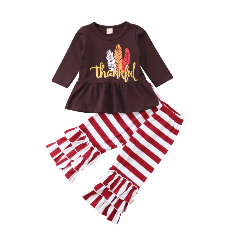 

Kids Girl Clothing Thanks Giving Day Two piece sets Long Sleeve T shirt and Pant Cartoon Turkey Stripped Thanks Giving Clothing Sets, As picture