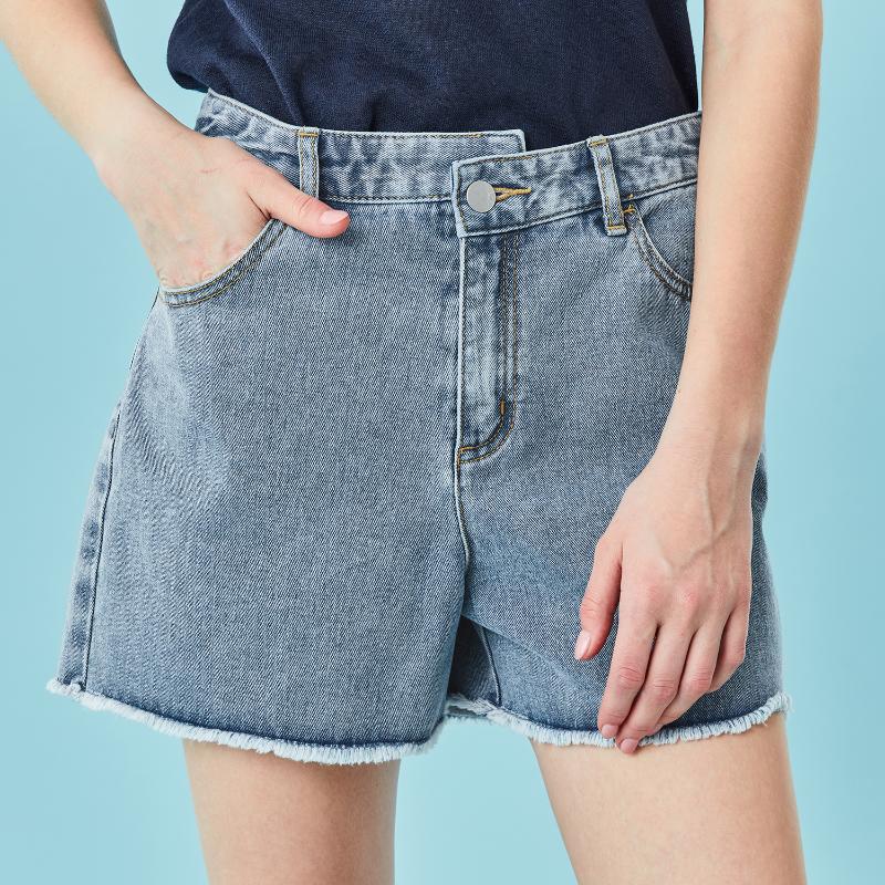 

Women Shorts Asymmetrical Design Denim High Rise Shorts Multi Pocket Button Closure Soild Summer Short Femme 05400348, 48blue