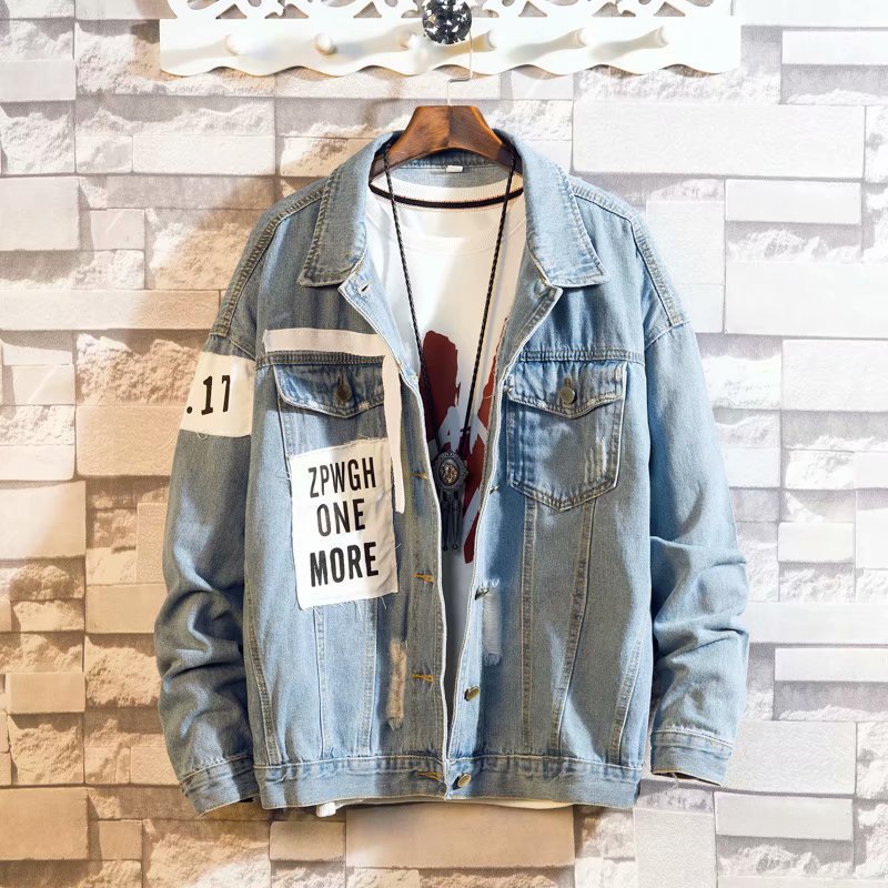 

Spring autumn 2020 Fashion street denim jacket men's ripped hole loose Korean bf Hong Kong style hip hop brand teenagers coat, As pic