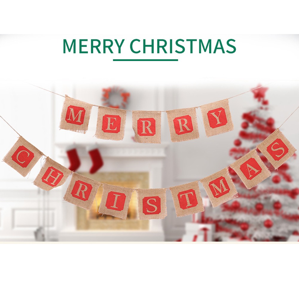 

1pc Jute Xmas Festival Pull Flag Decoration Holiday Marry Christmas Hanging Flag