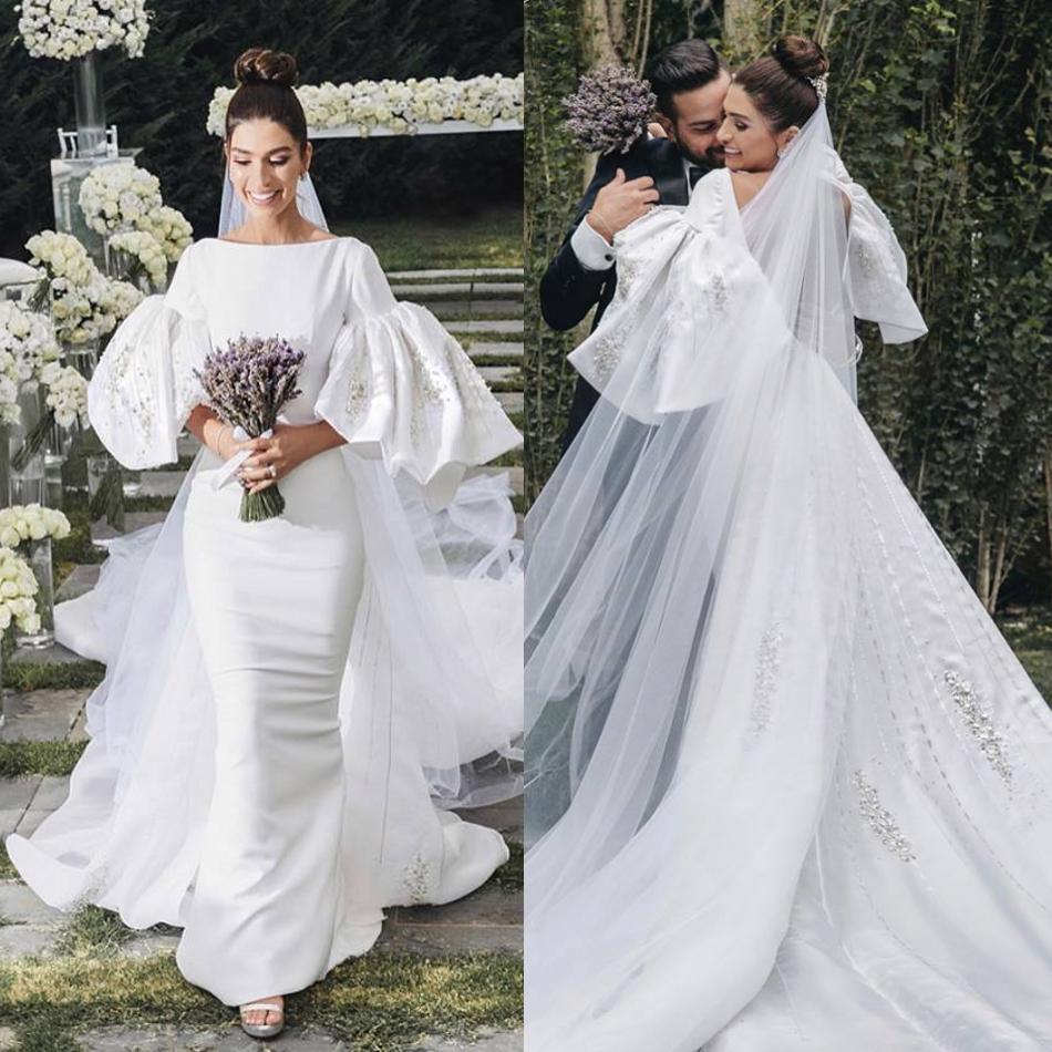 

2019 New Satin Wedding Dresses Lace 3D Floral Appliqued Beaded Pearls Country Wedding Dress Sweep Train Bell Sleeves Elegant Bridal Gowns, Sage
