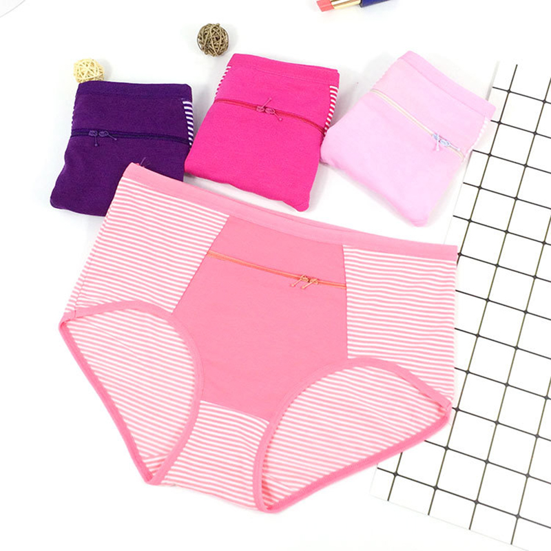 

Women Zipper Pocket Panties Big Size Underwear Female Cotton Briefs Solid Zipper Lingerie Female Cotton Briefs Novel Breathable, Black