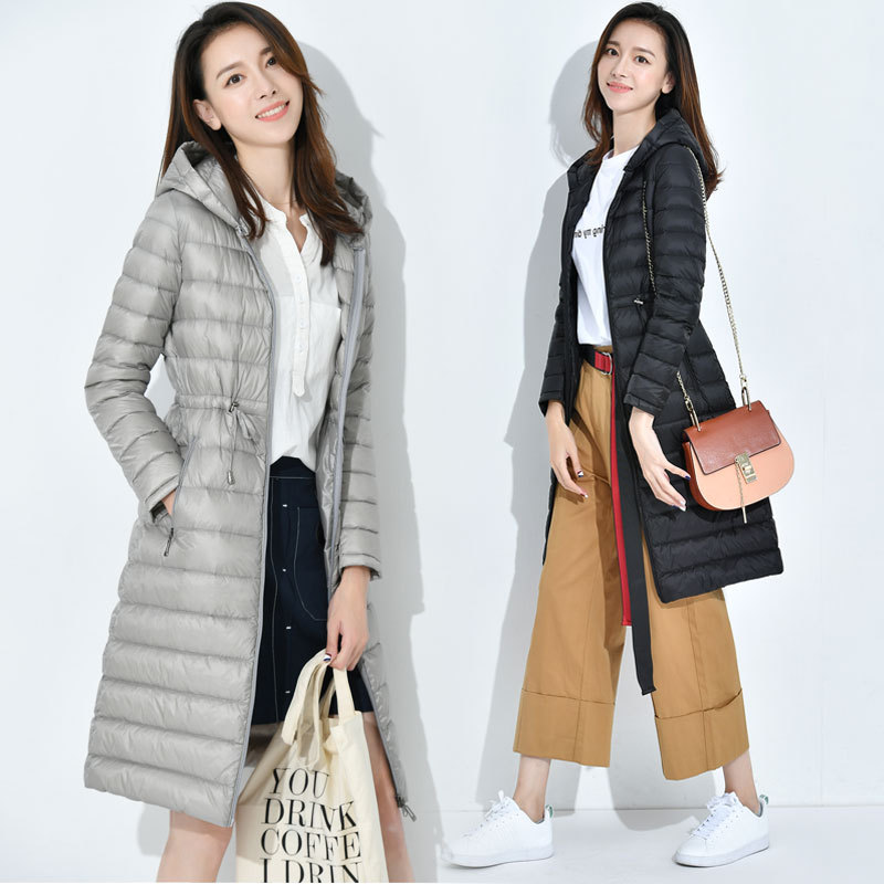 

2019 Autumn Winter Light Thin Down Jackets Women Long Slim Hooded Coats Plus Size Warm Female White Duck Down Coats Parkas V807, Black