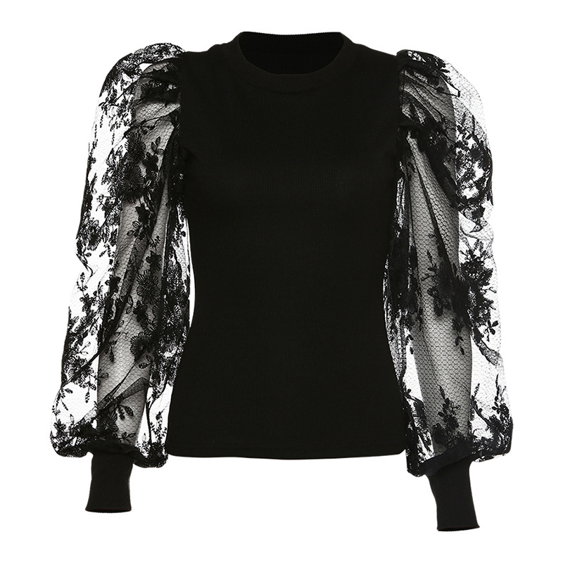 

New women' mesh gauze puff sleeves round neck slim fit T-shirt women, Black