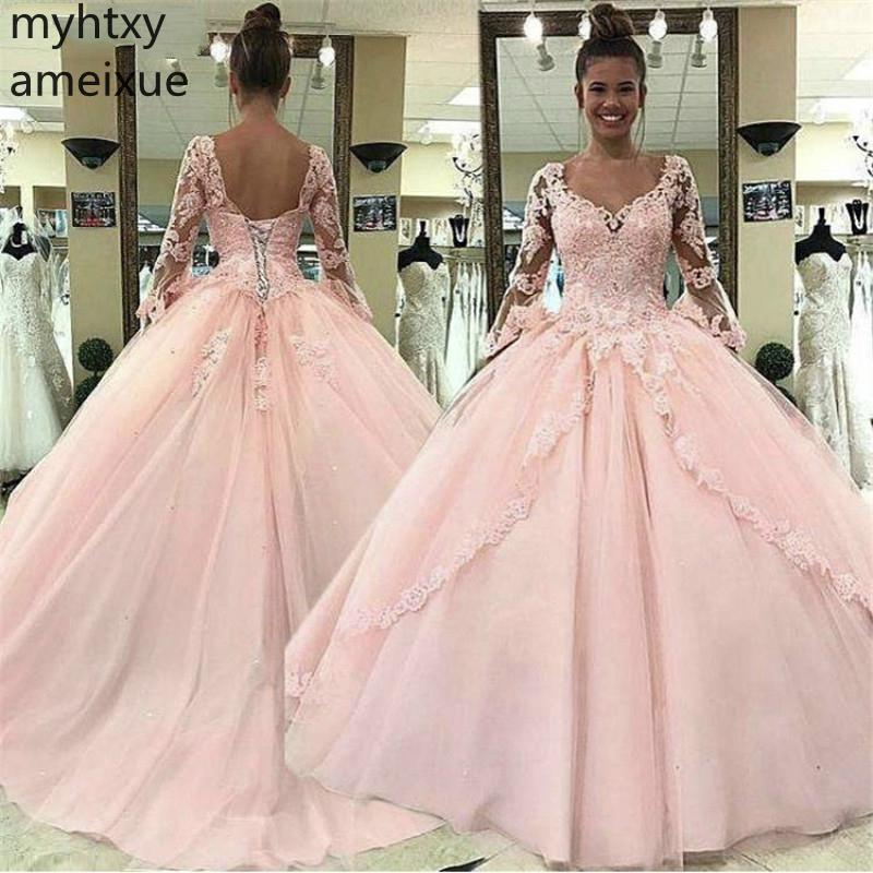 

2019 New Arrival Formal Pink Plus Size Long Sleeve Evening Dress V-neck Sweep Train Ball Gown Full Tulle Empire Regular Simple, Black