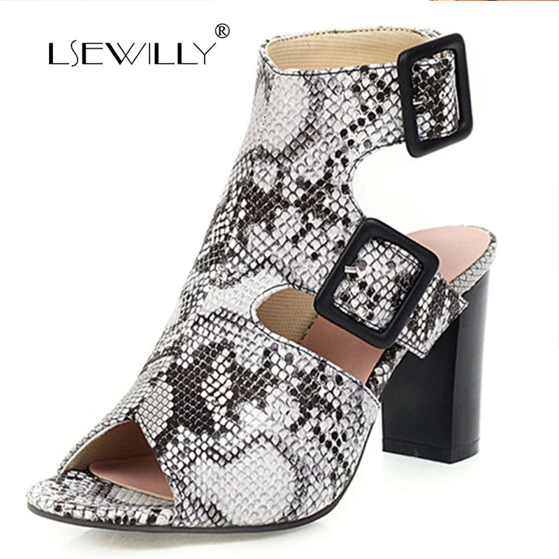 

Lsewilly 2020 Snakeskin PU Leather Women Shoes Square Heel Fashion Buckle Ladies Sandals Peep Toe Summer Women Pumps Size 43, Blue