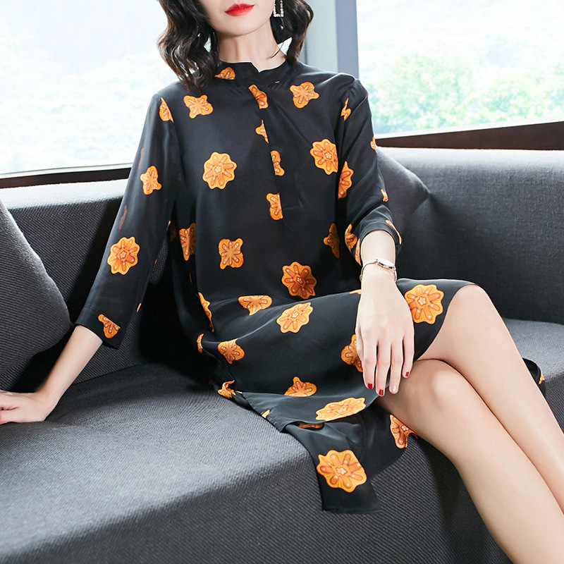 

Summer Dress Women Print Floral Real Silk Dress Fashion Party Women Elegant Vintage Vestido Mujer P7431 YY2584, Black