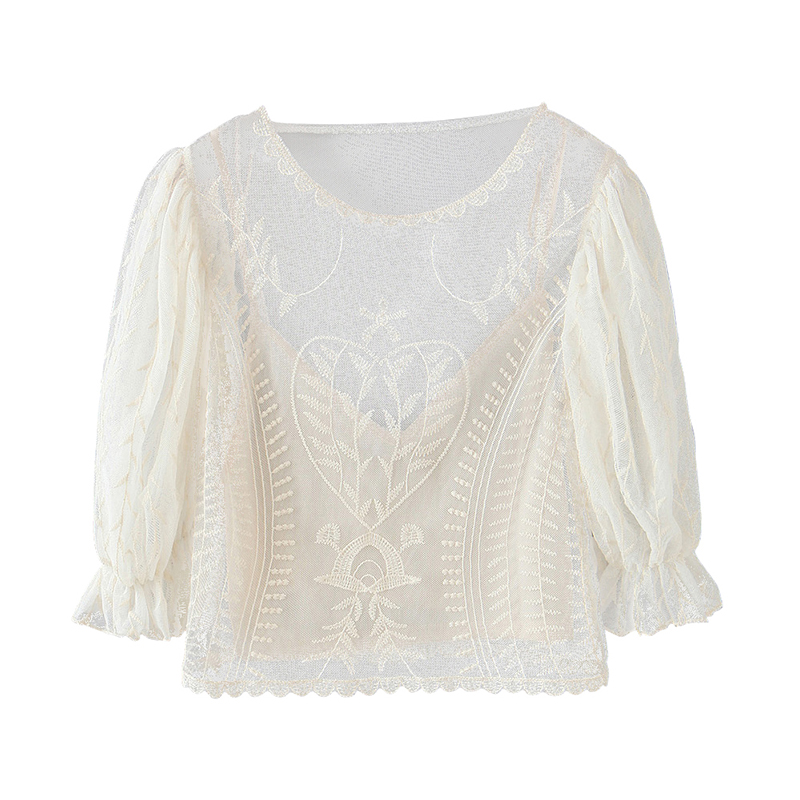 

Women Stylish Lace Mesh Embroidered Blouses 2020 Elegant Short Sleeve Crop Top Blouse O Neck Summer Chic See Through Shirt, Beige