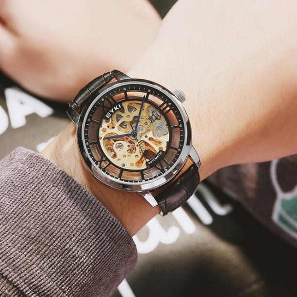 

Flywheel series automatic mechanical watch men's leather watchband watch fashion hollow perspective watch leather watchband pin buckle, Multi-color