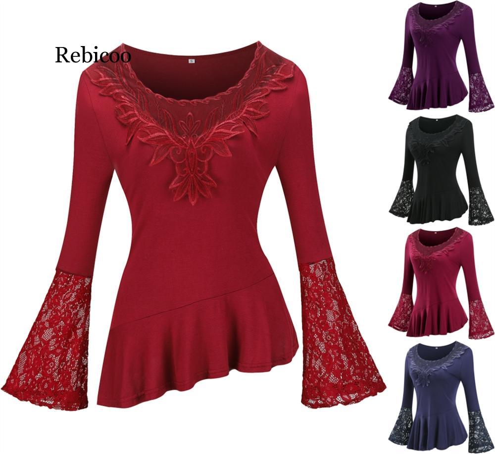

Fashion Lace Blouses Flare Sleeve Shirts For Womens Tops Shirt Plus Size Women Clothes Irregular Female, Black