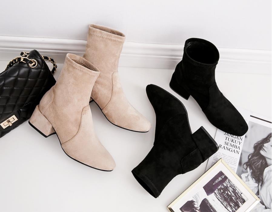 

Hot Sale-new Korean Fashion Square Head thick heel short boots show thin middle heel Martin boots, Single shoe apricot