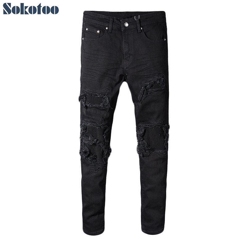 

Mens Jeans Sokotoo black patchwork stretch denim biker jean for motorcycle Slim fit skinny ripped pencil pants