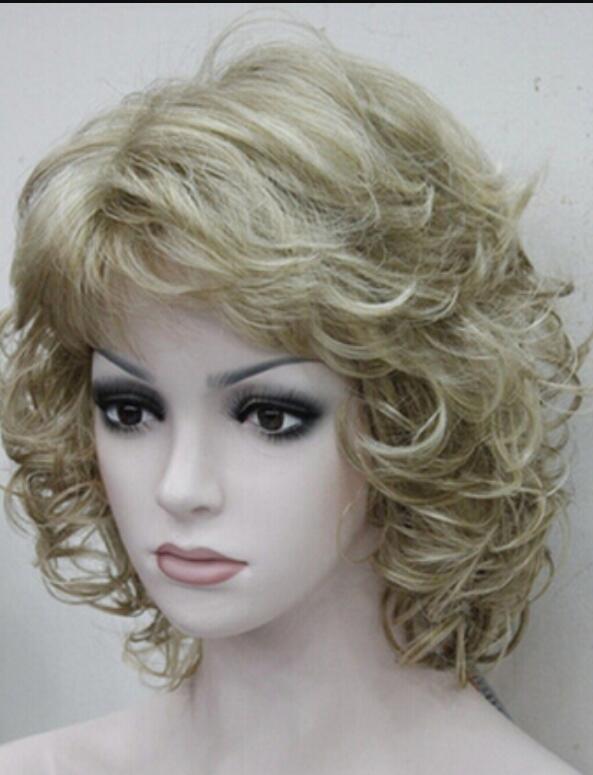 

WIG New Elegant Honey Ash Blonde Mix Curly Short Wig Synthetic Hair Full Women's Wig, Black