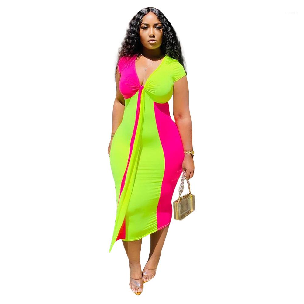 

Sexy Contrast Color Dress Womens Summer Designer Plus Size V Neck Bodycon Dresses Females Big Bow Sashes Clothes Ladies