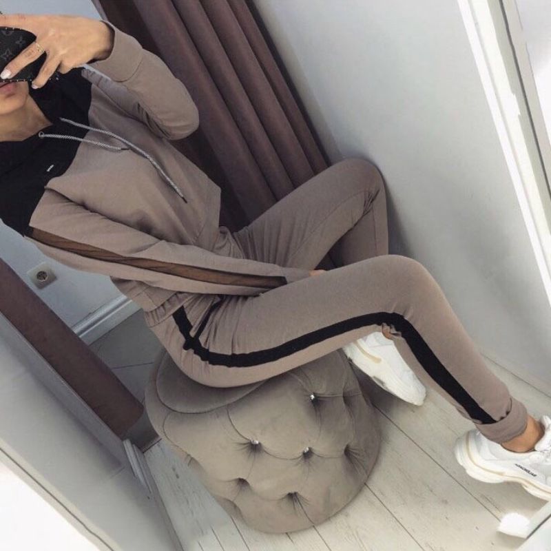 

2020 Women Summer Fitness Loose Simple Tights Mesh Stitching Hat Collar Sweater + Casual Slim Pants Two-Piece Set, As pic