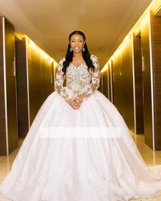 

Charming Lace Ball Gowns Wedding Dresses Long Sleeve Illusion African Princess Bridal Gowns Elegant Court Train 2019 vestido de novia, Same as image