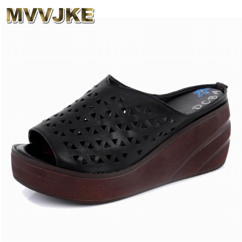 

MVVJKE summer wedge slippers hollow platform high heels women shoes ladies outside basic genuine leather slippers sandals, Black