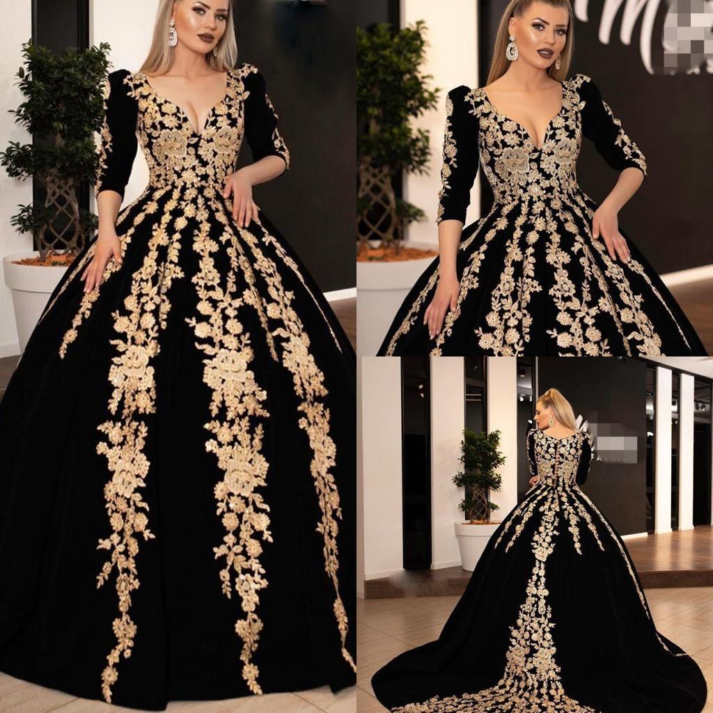 

Black Long Sleeves Ball Gown Evening Dresses Vintage Gold Appliques V Neck Ball Gown Prom Gown Plus Size Formal Quinceanera Party Dress, Orange