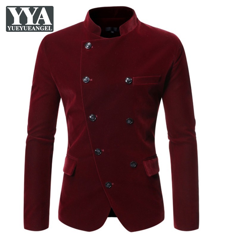 

Design Mens Stand Collar Slim Fit Coat Casual Velvet Double Breasted Suit Jacket Vintage Long Sleeve Tops Male Black Outerwear, Red