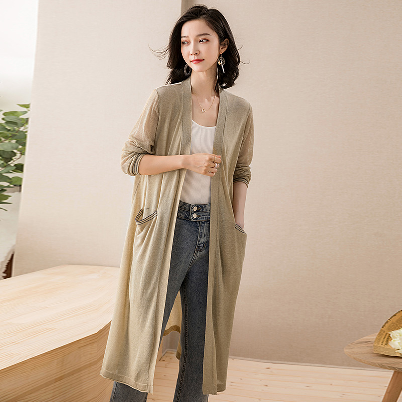 

Women Linen Cardigan High Quality Long Knit Cardigan Summer Spring Female Thin Knit Outwear with Pockets, Black