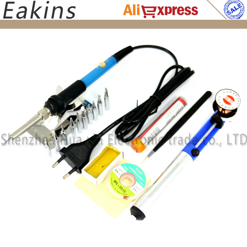 

60W 220V EU Electric Adjustable Temperature Welding Solder Regulator Soldering Iron Welding Tool with 10pcs Iron Tips + Tin wire