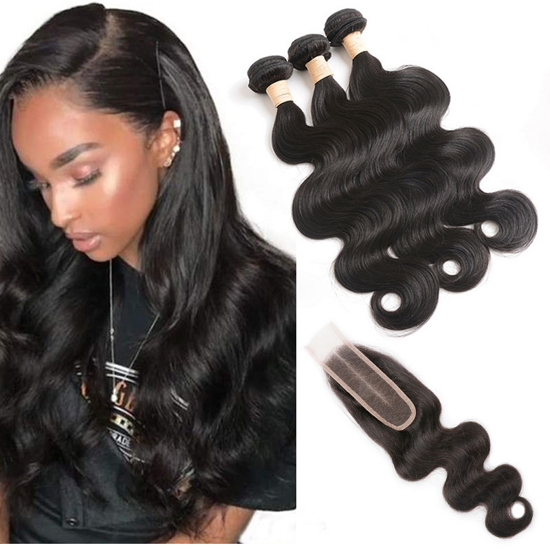 Extensions de cheveux 100% humains péruviens non transformés 8-30 pouces 3 faisceaux avec fermeture à lacet 2X6 partie médiane cheveux ondulés av