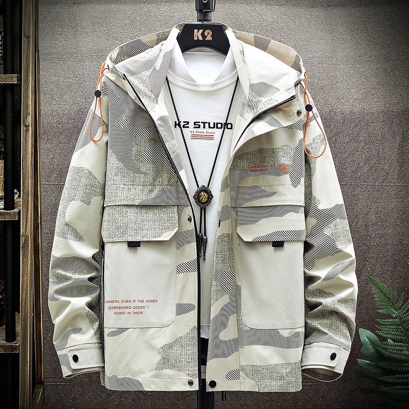 

Streetwear Casual Men Jacket 2020 Spring Camouflage Mens Bomber Jacket Coat Hooded Windbreaker Male Outwear, Beige