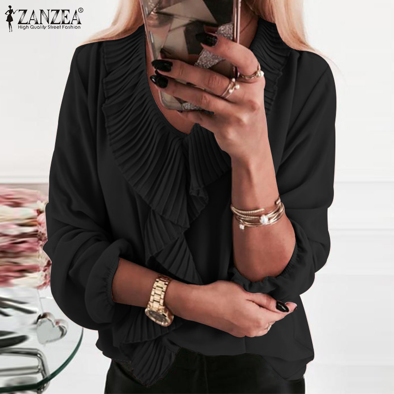 

Casual Solid Blouses ZANZEA Women Ruffles Shirts 2020 Spring Summer Long Sleeve Tops Tunic Office Lady Work Blusas Plus Size 5XL, Black
