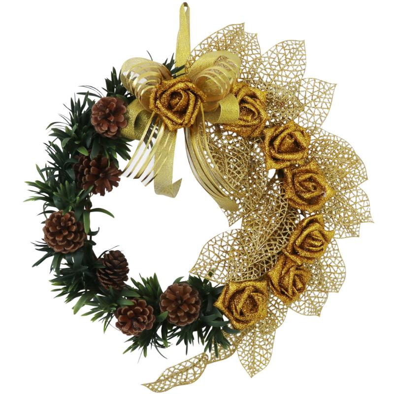 

Christmas Decorative Wreaths Gold Pink Roses Pine Cones, Festival Celebration, door hanging shi Western Cane Flower Wall