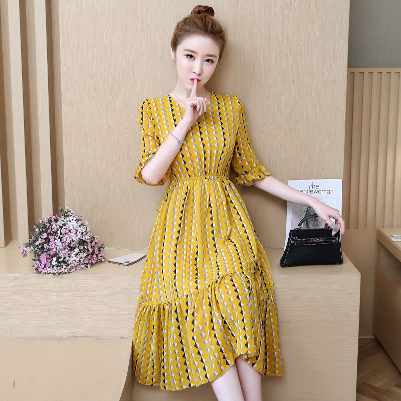 

2020 New Summer Women Floral Print Chiffon Dress Female V-Neck Elastic Waist Patchwork Dresses Vestidos Plus Size 5xl S85, Yellow