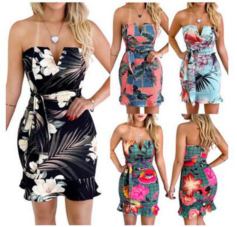 

Wholesale European and American cross-border women's new style new sexy print wrap chest dress, Pink