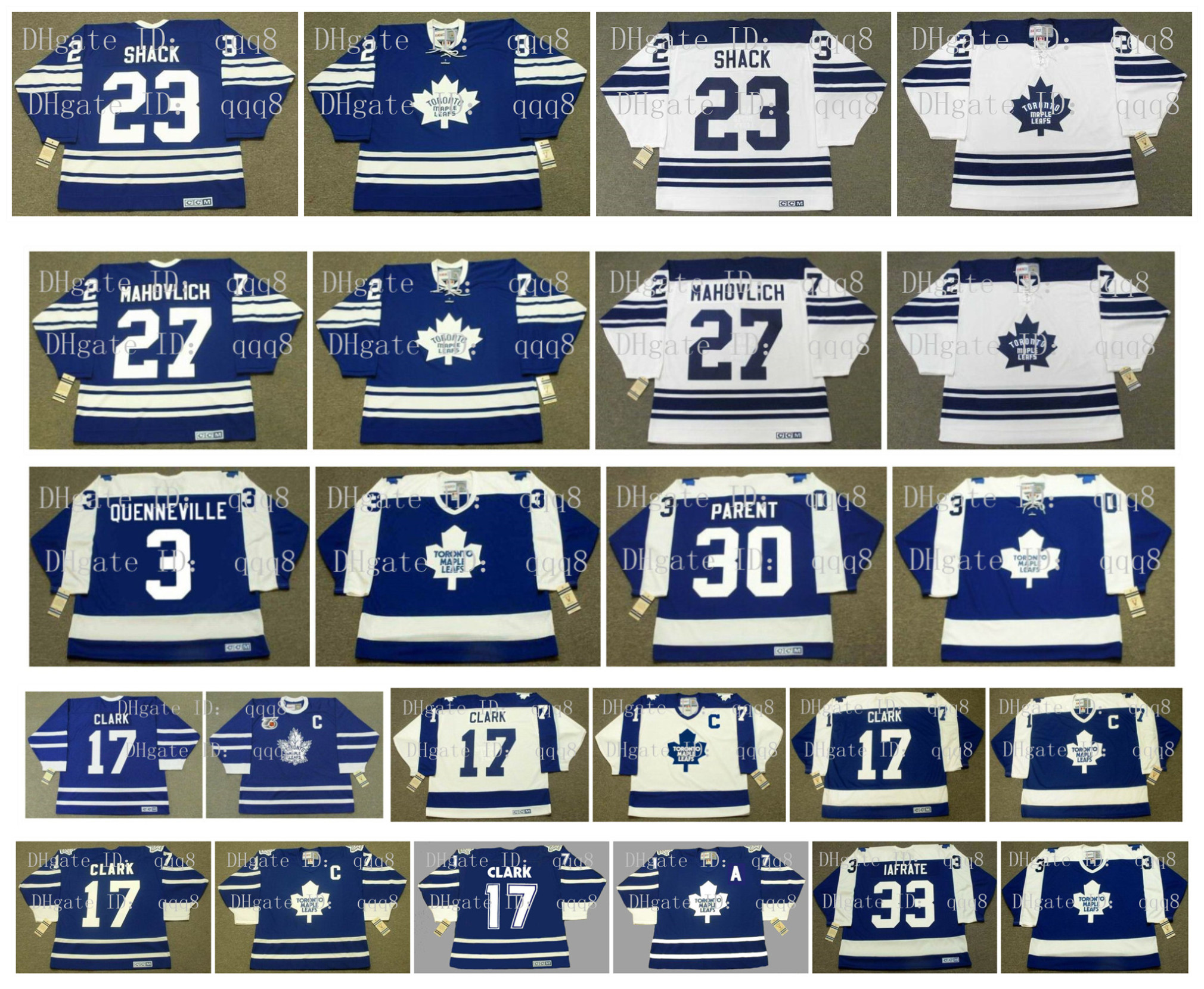 

Vintage Toronto Maple Leafs Jersey 3 JOEL QUENNEVILLE 27 FRANK MAHOVLICH 30 BERNIE PARENT 17 WENDEL CLARK 33 AL IAFRATE EDDIE SHACK Hockey, As pic