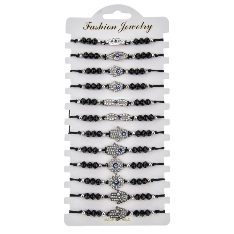 12pc/lot Evil Eyes Crystal Braid Bracelet Set Fatima Hand Rhinestone Adjustable Handmade Chains Fashion Black Bracelets Jewelry-image-521636766
